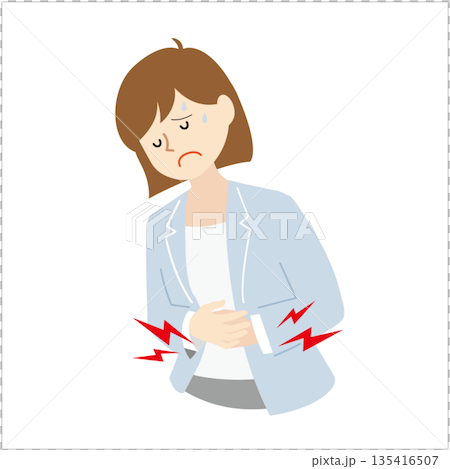 一張女性上班族因胃痛而發病的商業圖片 | 工作中健康狀況不佳的插圖 135416507