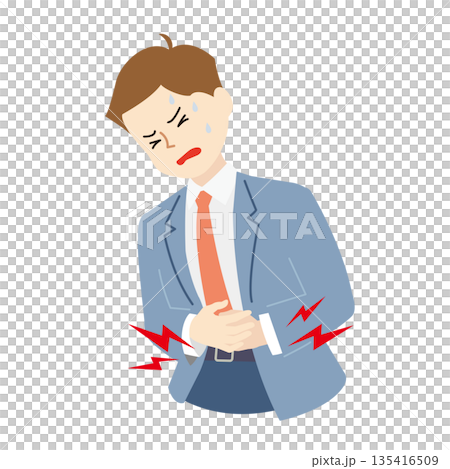一張男性辦公室職員因胃痛而患病的商業圖片 | 工作中健康狀況不佳的插圖 135416509