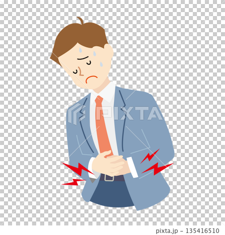 Business image of a male office worker suffering from stomach pain | Illustration of poor health at work Business image of a male office worker suffering from stomach pain | Illustration of poor health at work 135416510