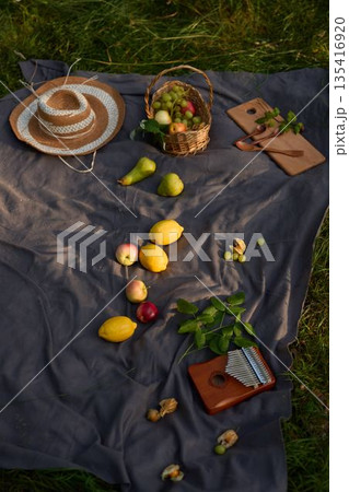 Vintage style food presentation on cozy blanket with natural sunlight Vintage style food presentation on cozy blanket with natural sunlight 135416920
