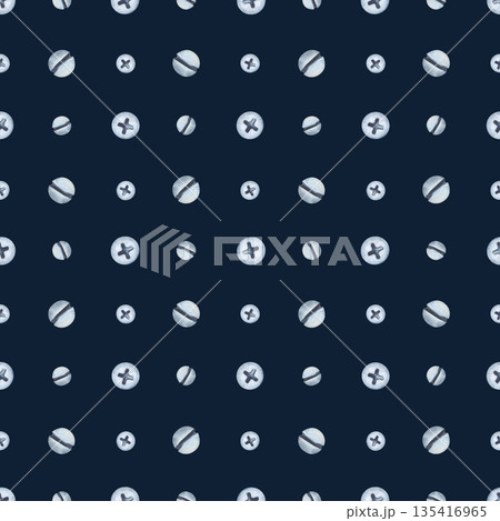 Seamless pattern with metal heads of screws and bolts on a dark blue background. Watercolor illustration of working tools in natural colors. Realistic repeating pattern for packaging and decoration of 135416965