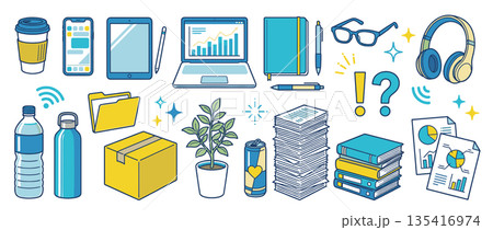ビジネスと仕事道具のアイコンセット|ノートPC・スマホ・文具・書類・ヘッドホンのイラスト素材 ビジネスと仕事道具のアイコンセット|ノートPC・スマホ・文具・書類・ヘッドホンのイラスト素材 135416974