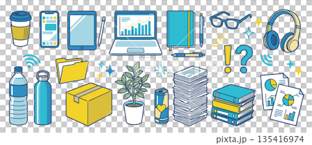 ビジネスと仕事道具のアイコンセット|ノートPC・スマホ・文具・書類・ヘッドホンのイラスト素材 ビジネスと仕事道具のアイコンセット|ノートPC・スマホ・文具・書類・ヘッドホンのイラスト素材 135416974