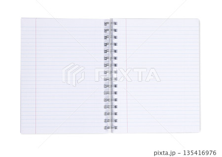 Open empty spiral notebook on white background 135416976