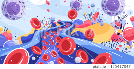 Red blood cells bloodstream virus bacteria pathogen infection flowing through vessel microscopic anatomy medical diagram abstract colorful background Red blood cells bloodstream virus bacteria pathogen infection flowing through vessel microscopic anatomy medical diagram abstract colorful background 135417047