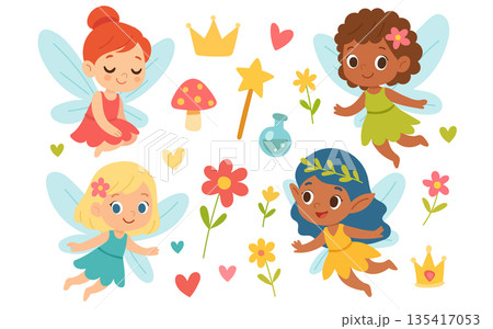 Fairy character set illustration featuring magical children figures, fantasy storytelling elements, and whimsical nursery artwork Fairy character set illustration featuring magical children figures, fantasy storytelling elements, and whimsical nursery artwork 135417053