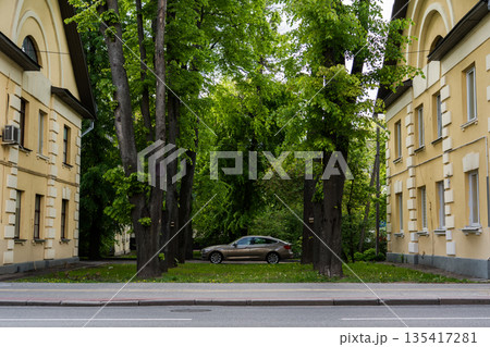 The car is parked between tall trees and old houses 135417281