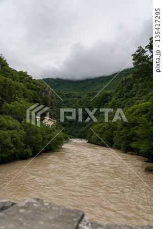 Chorukh River in Georgia View from the bridge to the river between the mountains 135417295