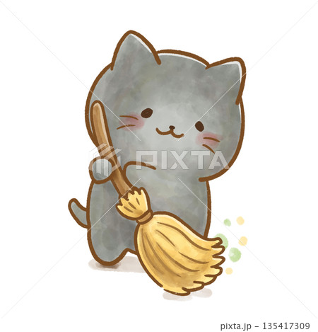 掃除をする黒猫のかわいい水彩風イラスト/家事・日常 135417309