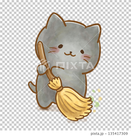 掃除をする黒猫のかわいい水彩風イラスト/家事・日常 135417309