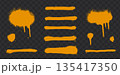 Orange spray paint splatters with drips on transparent checkered background. 135417350