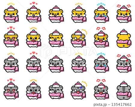 冬服を着た可愛いハムスターのイラスト素材セット3 135417662