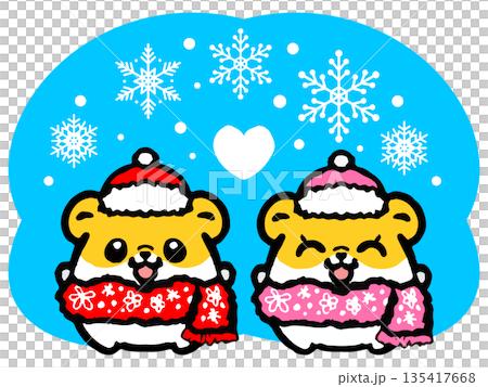 塗鴉風格的可愛倉鼠插畫，穿著冬季服裝。 135417668
