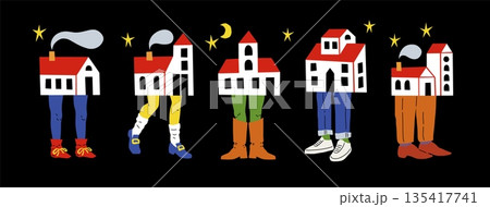 Tiny home. Trendy residential building on legs. Roof brick and window for village. Abstract construction in pants. Surreal architecture. Cartoon houses with feet. Vector cartoon icons set Tiny home. Trendy residential building on legs. Roof brick and window for village. Abstract construction in pants. Surreal architecture. Cartoon houses with feet. Vector cartoon icons set 135417741