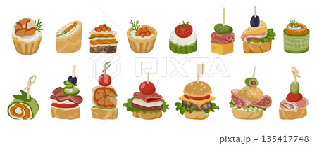 Food buffet. Canape party platter. Sandwich or meal on sticks as dish appetizer. Cheese burgers cooked on picnic. Sausage and vegetable. Salmon and cucumber roll. Vector snacks set 135417748