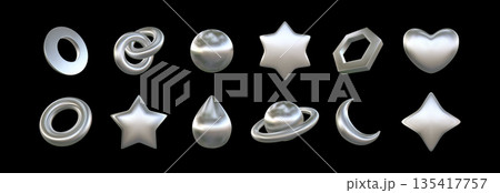 3D chrome figures. Y2K silver heart. Glossy bubble sphere with gradient graphic effect. Geometric cosmic form. Metallic star or planet. Quicksilver drop. Vector isolated render shapes set 135417757