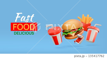 3d fast food. Soda drink, snack or coffee in restaurant, ice cocktail and potato chips. Takeaway burger or cheeseburger. Flying cup in cooking menu. Vector render isolated elements 135417762