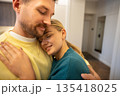 Peaceful couple man and woman partners hugging and showing strong bond an love in relationships. 135418025
