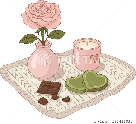Cozy Illustration of Matcha Heart Cookies, Pink Rose, and a Scented Candle on a Knitted Blanket for Valentine's Day and Self Care Cozy Illustration of Matcha Heart Cookies, Pink Rose, and a Scented Candle on a Knitted Blanket for Valentine's Day and Self Care 135418039