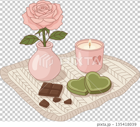 Cozy Illustration of Matcha Heart Cookies, Pink Rose, and a Scented Candle on a Knitted Blanket for Valentine's Day and Self Care Cozy Illustration of Matcha Heart Cookies, Pink Rose, and a Scented Candle on a Knitted Blanket for Valentine's Day and Self Care 135418039