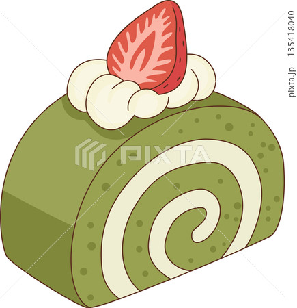 Illustration of a Matcha Green Tea Roll Cake with Whipped Cream and Strawberry for Bakery and Cafe Dessert Menu 135418040