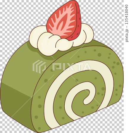 Illustration of a Matcha Green Tea Roll Cake with Whipped Cream and Strawberry for Bakery and Cafe Dessert Menu 135418040
