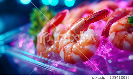 Fresh raw shrimp displayed on crushed ice in a refrigerated seafood counter, emphasizing freshness, quality, and premium food presentation 135418055