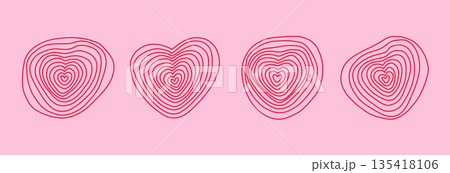 Hand drawn Topography stamp style hearts shape set. Contour heart form with irregular rings. Linear vector. 135418106