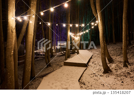 Charming illuminated path reflecting warmth on winter snow promises delight Charming illuminated path reflecting warmth on winter snow promises delight 135418207