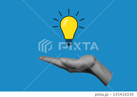 Halftone of idea concept with glowing light bulb supported by hand. Innovation and imagination concept with light bulb. Halftone of idea concept with glowing light bulb supported by hand. Innovation and imagination concept with light bulb. 135418330