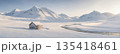 Panoramic winter landscape with lonely wooden cabin in snowy mountains at sunrise. 135418461