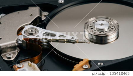 Close up view of the inside of a hard disk drive. HDD data storage mechanism. Close up view of the inside of a hard disk drive. HDD data storage mechanism. 135418463