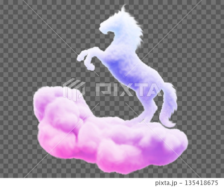 Vector image of clouds in the form of a rearing horse. Soft lines and gentle gradients create a feeling of lightness and airiness, perfect for fantasy and creative projects. 135418675