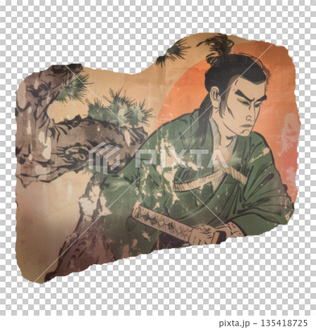 A torn piece of paper with an image of a Japanese samurai 135418725