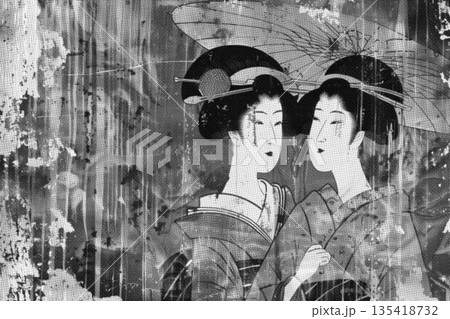 monochrome antique Japanese Illustration of a girls 135418732