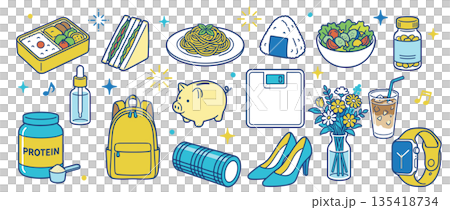 健康的な生活アイコンセット｜食事・運動・ダイエット・美容のイラスト素材 135418734