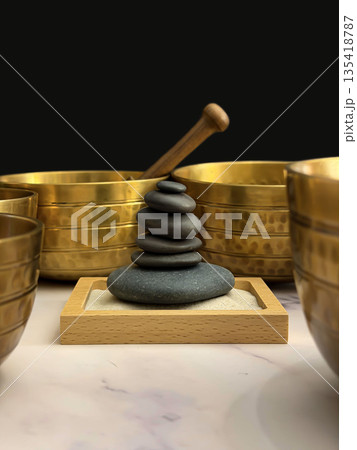 Stacked Zen Stone with Brass Singing Bowls in Tranquil Meditation Setting Stacked Zen Stone with Brass Singing Bowls in Tranquil Meditation Setting 135418787