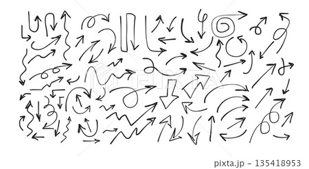 Hand drawn doodle arrows set, sketch style direction pointers collection, curved and straight navigation symbols, black line art vector elements for infographic, presentation, web design and UI 135418953