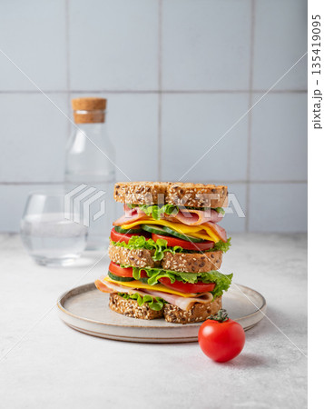 A triple sandwich with ham, cheese, lettuce, and vegetables on whole grain bread on a plate A triple sandwich with ham, cheese, lettuce, and vegetables on whole grain bread on a plate 135419095