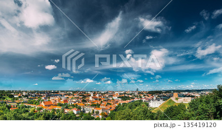 Panorama of Cityscape with Old Tower Of Gediminas or Gedimino In Vilnius, Lithuania. Tourist Destination 135419120