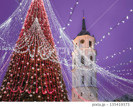 Vilnius, Lithuania. Christmas Tree On Background Bell Tower Belfry Of Vilnius Cathedral In Evening New Year Christmas Xmas Illuminations. Unesco World Heritage Site 135419373
