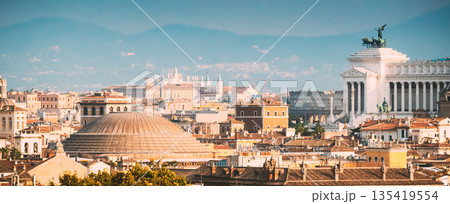 Rome, Italy. Sloping Roof Of Pantheon And Cityscape Of Town Rome, Italy. Sloping Roof Of Pantheon And Cityscape Of Town 135419554