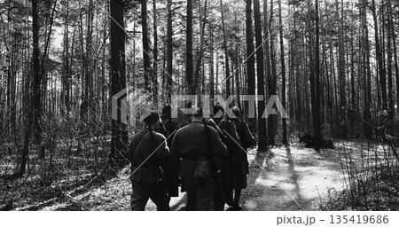 Historical Re-enactment Black And White . 4K Squad Men Dressed A Historical Re-enactment Black And White . 4K Squad Men Dressed A 135419686
