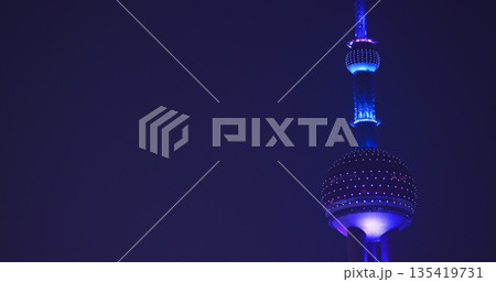 Close-up view of iconic Oriental Pearl Tower illuminated at nigh Close-up view of iconic Oriental Pearl Tower illuminated at nigh 135419731