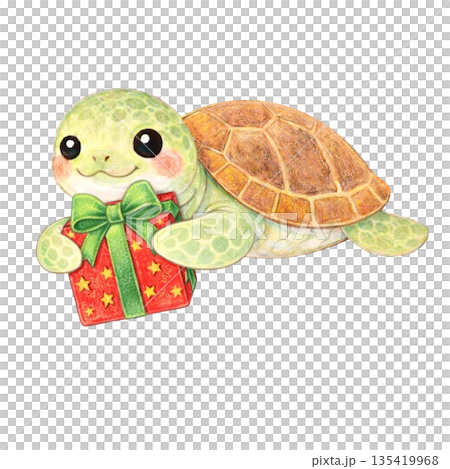 【聖誕節】色鉛筆插畫,一隻海龜叼著一份禮物 【聖誕節】色鉛筆插畫,一隻海龜叼著一份禮物 135419968