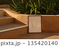Blank Frame Mockup Leaning Outdoors on Stone Steps in Sunlight. Green Agapanthus Plants Leaves Background. Minimal Natural Scene for Poster, Artwork. Branding, Presentation. Outdoor Wall Art Display 135420140