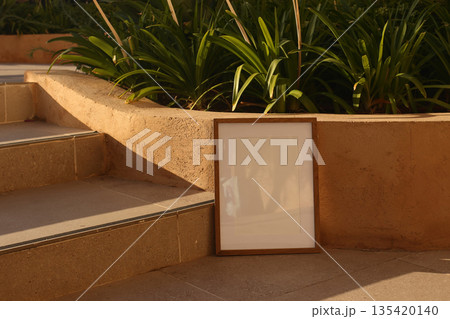 Blank Frame Mockup Leaning Outdoors on Stone Steps in Sunlight. Green Agapanthus Plants Leaves Background. Minimal Natural Scene for Poster, Artwork. Branding, Presentation. Outdoor Wall Art Display Blank Frame Mockup Leaning Outdoors on Stone Steps in Sunlight. Green Agapanthus Plants Leaves Background. Minimal Natural Scene for Poster, Artwork. Branding, Presentation. Outdoor Wall Art Display 135420140