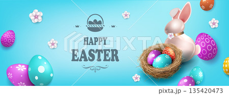 Happy Easter. Festive blue card with a nest and a bunny with Easter eggs 135420473