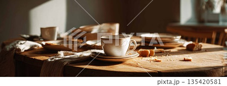 The table shows two empty cups and a plate with crumbs. There is also a stack of bread on a plate in a kitchen with morning light shining through the window, banner 135420581