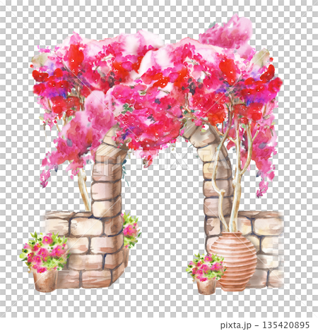 Watercolor composition with a stone brown arch, a bush of lush pink bougainvillea and ceramic pots. Illustration on an isolated background. Realistic clipart with traditional Mediterranean 135420895